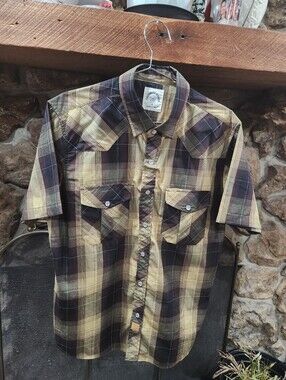 DUBINIK Customized Version Mens Pearl Snap Shirt MED Short Sleeves Pockets Plaid